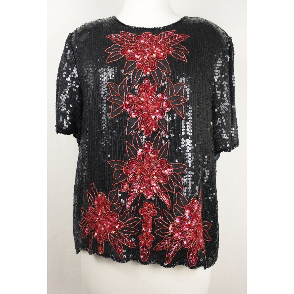Regal Feelings Silk Beaded Sequin Top Black Red Floral India Boho L